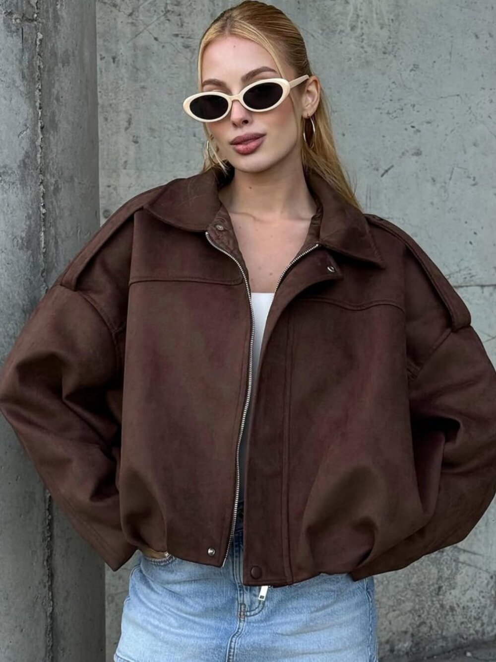 Trendy Women's Oversized Faux Suede Bomber Jacket | Cropped, Zip Up, Casual - Picture 2 of 6